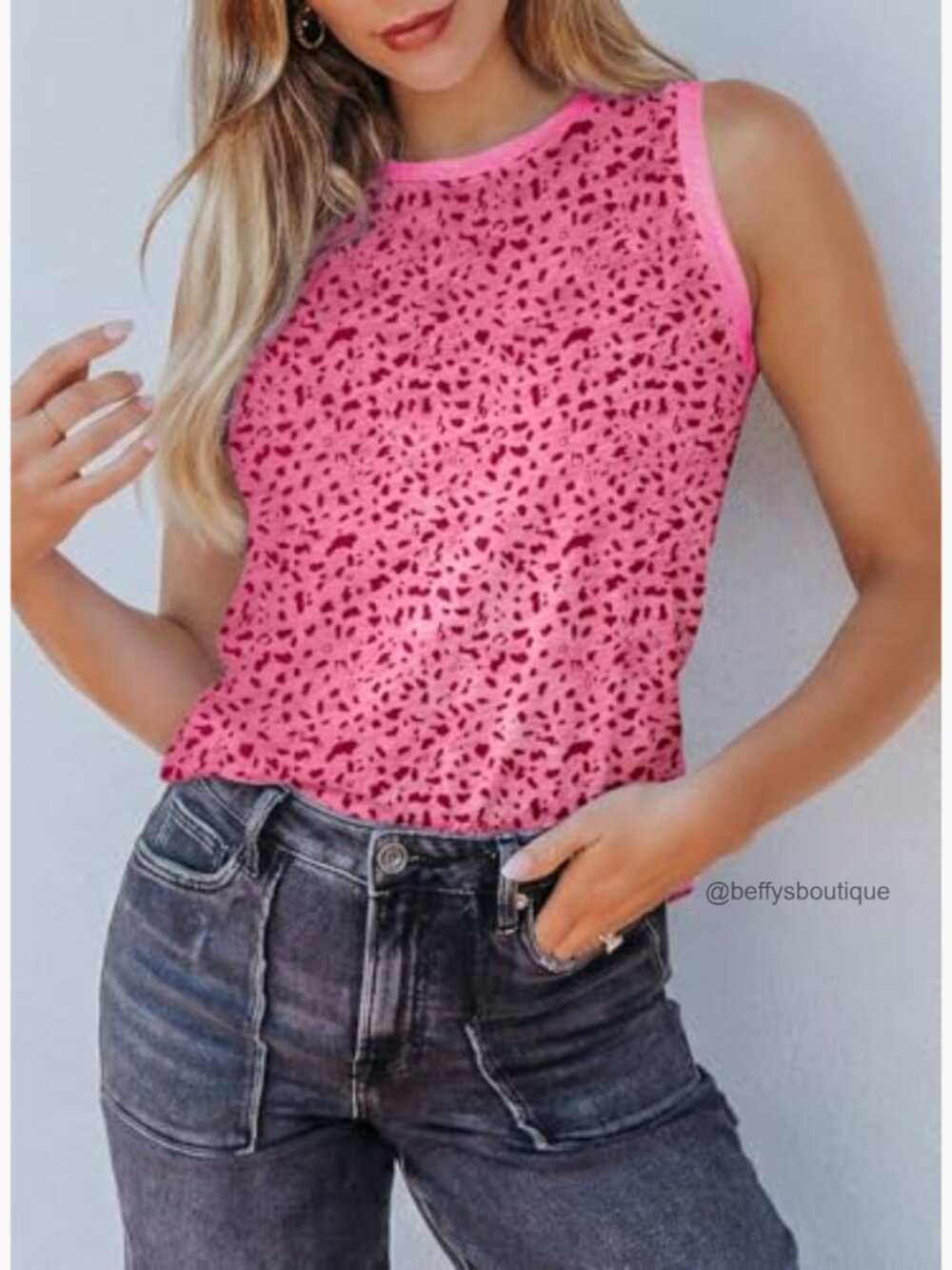 Leopard Print Tank Top Crewneck Sleeveless Summer Casual Blouse - Picture 2 of 7